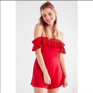 UO red off shoulder ruffle romper